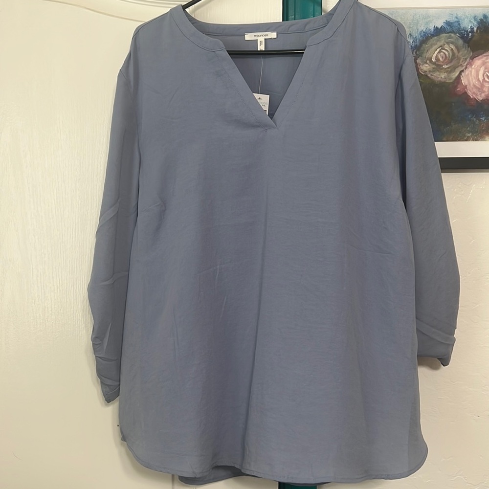 Three quarter length casual blue top lightweight thin blouse